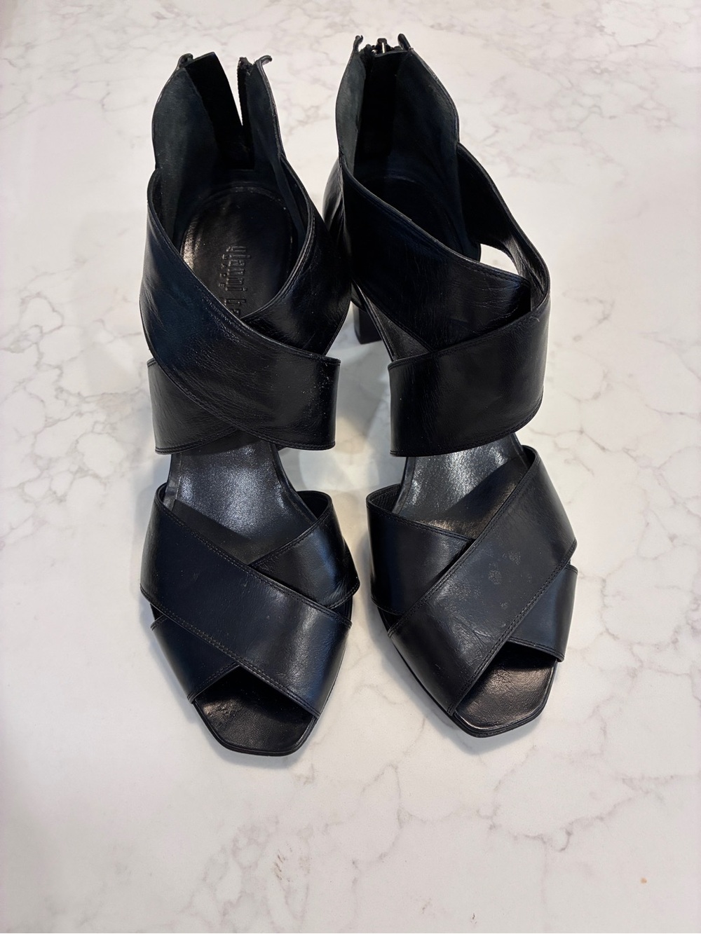 Women's Black Leather Crisscross Peep-Toe Sandals